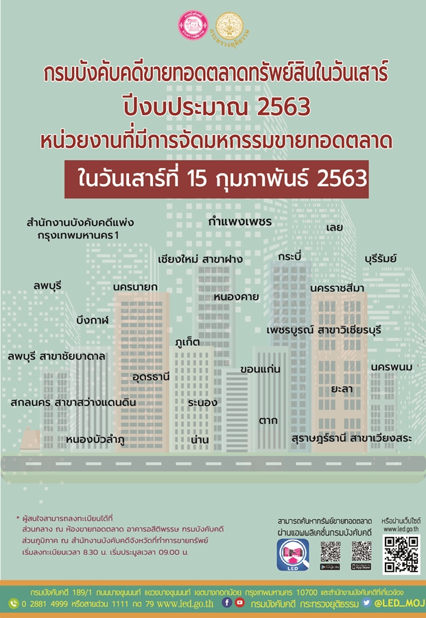 ﻿กรมบังคับคดีจัดการขายทอดตลาดทรัพย์สินทุกวันเสาร์ สำหรับเดือนกุมภาพันธ์ 2563